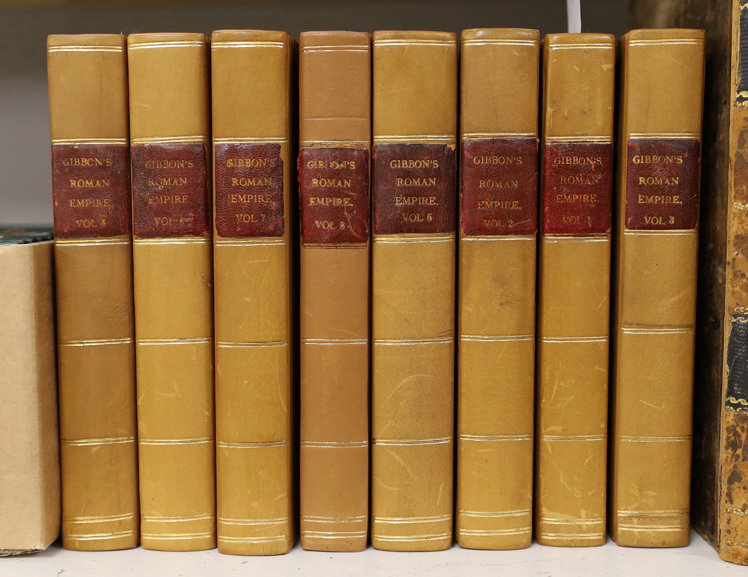 Gibbon, Edward - The History of the Decline and Fall of the Roman Empire. (new edition), 8 vols. portrait and 3 folded maps; old calf rebacked with gilt ruled spines and original maroon labels, 1825